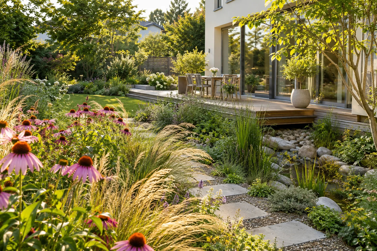 Naturnaher Hausgarten mit blühenden Stauden und Terrasse