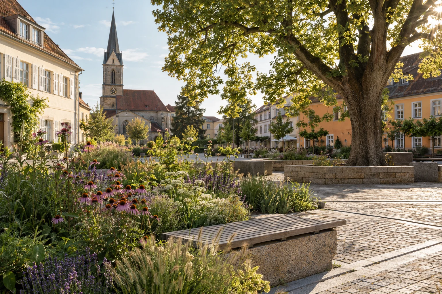 Begrünter Marktplatz mit Bäumen, Stauden und Sitzgelegenheiten